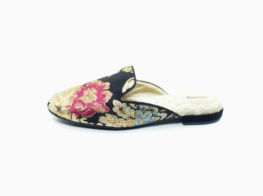 Birdies The Phoebe Mule Loafers Flats Black Floral Jacquard Embroidered Size 8.5